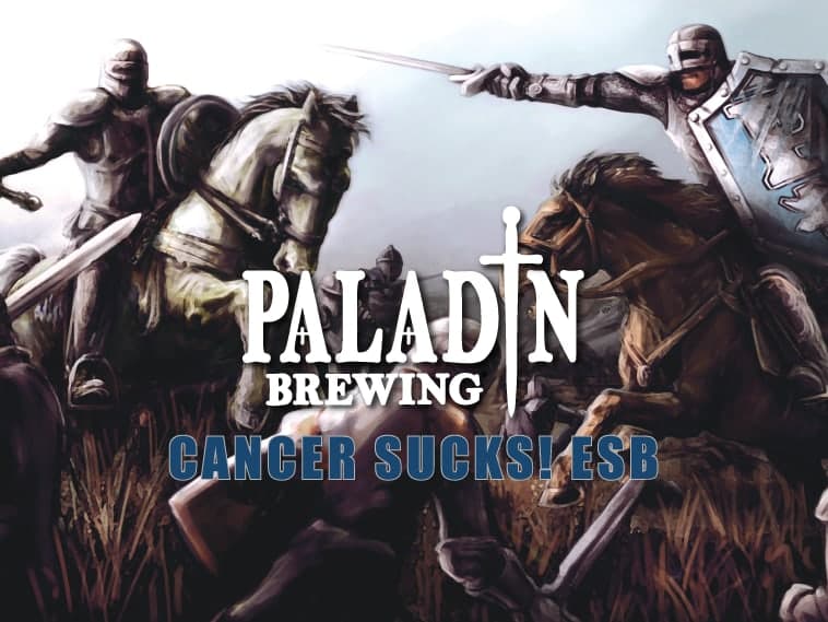 Cancer Sucks! ESB label art: armored knights charging on horseback beneath the Paladin Brewing logo